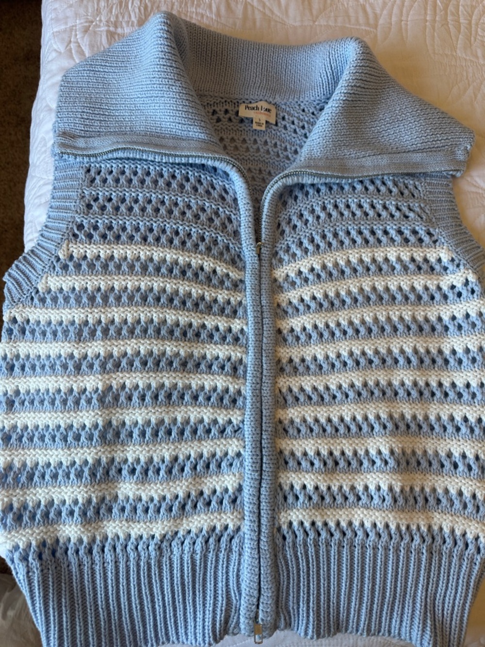 Peach Love California Light Blue and White Crocheted Zip-Front Sweater Vest